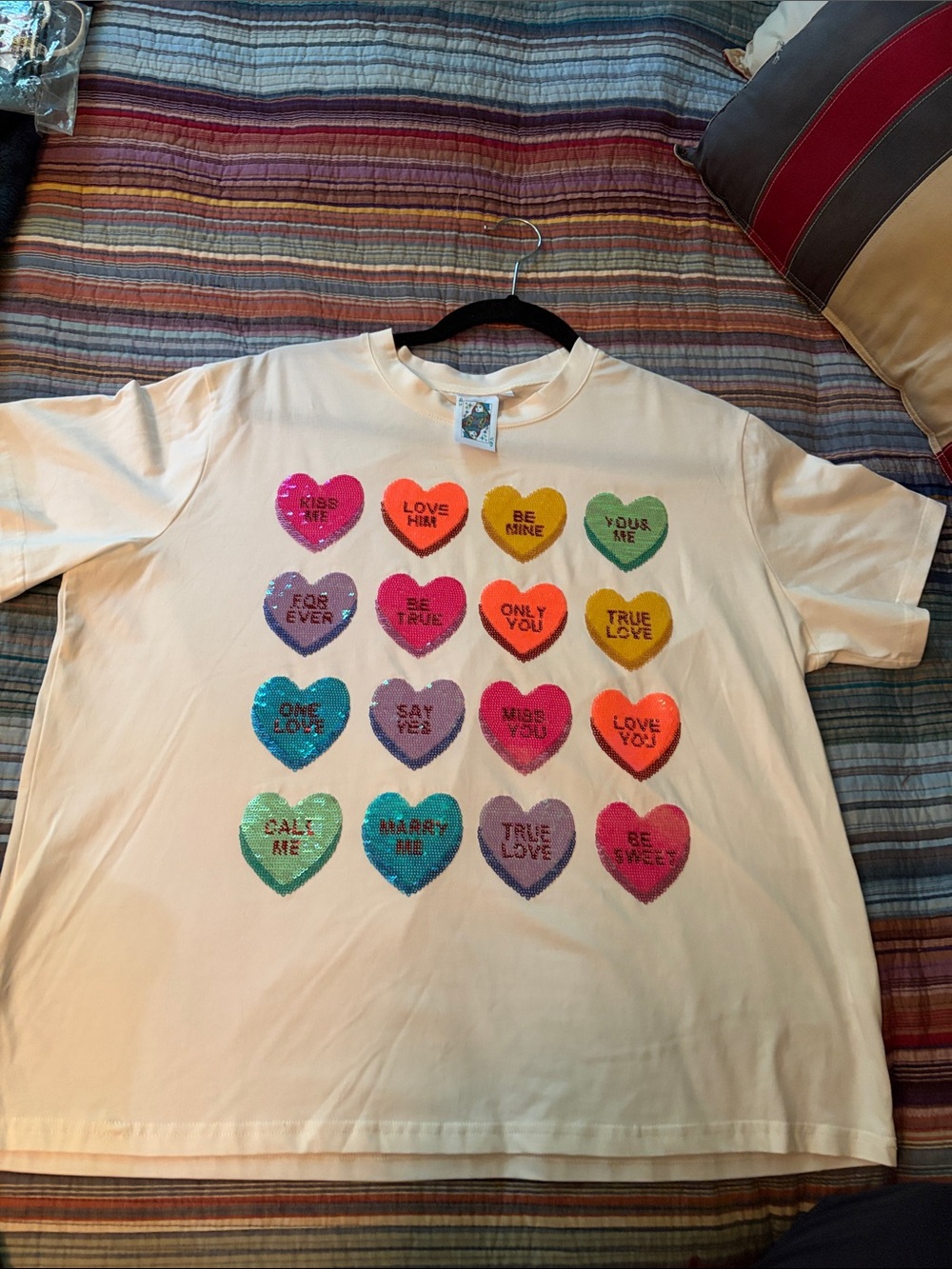 QUEEN OF SPARKLES Cream Short Sleeve Tee with Multicolored Sequin Hearts